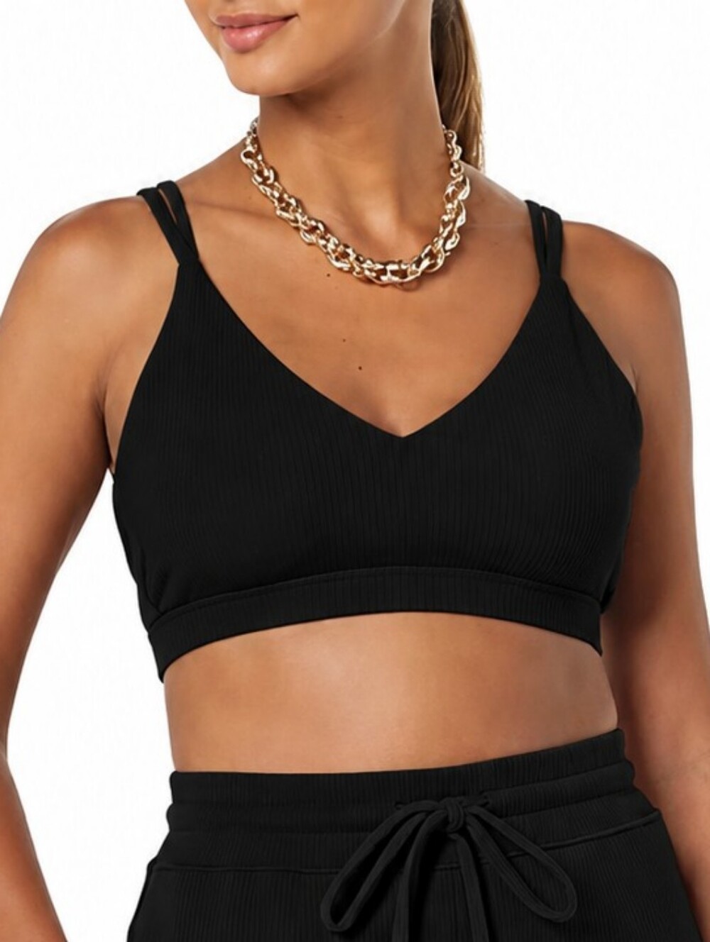 Ribbed V-Neck Bralette with Double Straps - Black